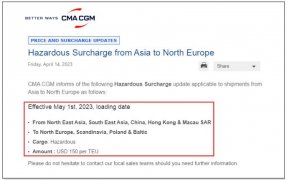 5月1日起生效！船公司征收危險品附加費、超重附加費通知