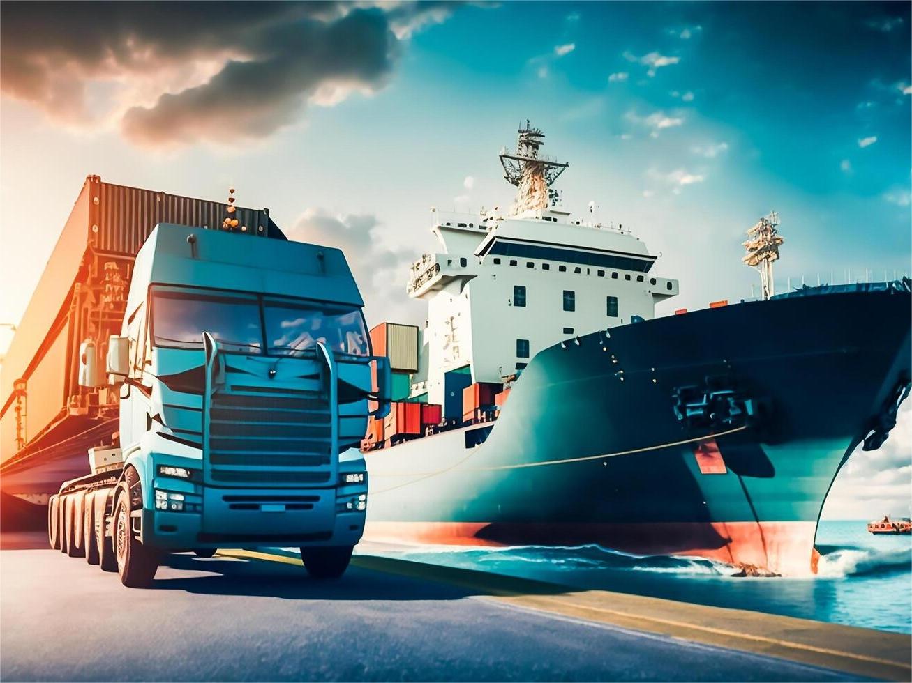 陸運的大貨車和海運的貨船正停在港口